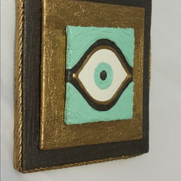 Evil Eye Painting Teal BlueShimmering Black Metallic Bronze Canvas Gold Rope - Picture 4 of 8